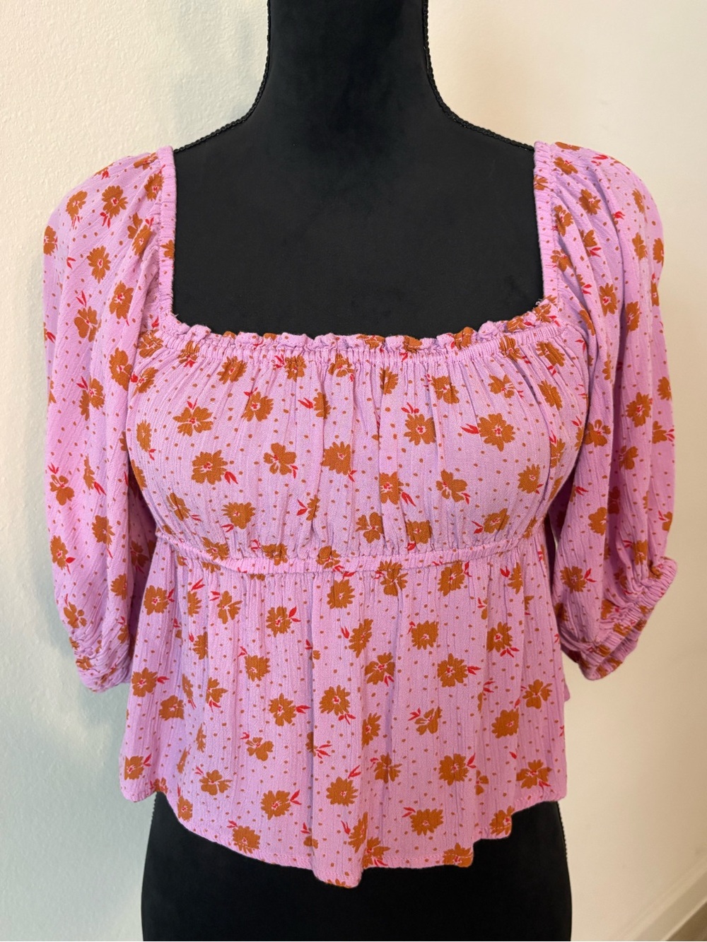 Billabong Lavender Pink Floral Smocked Peasant Top